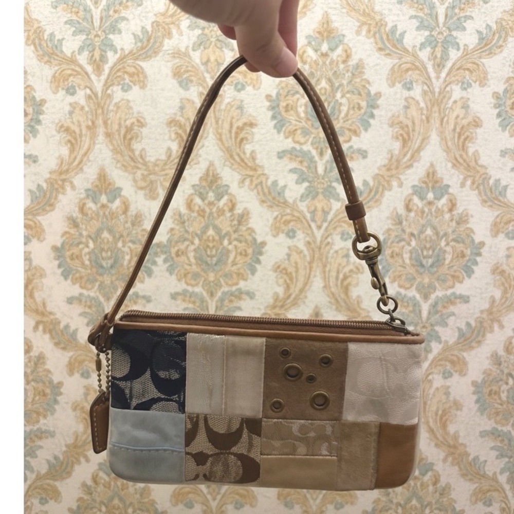 Coach Patchwork Wristlet Women Handbag Tan Blue Leather Suede Boho Y2K Vintage